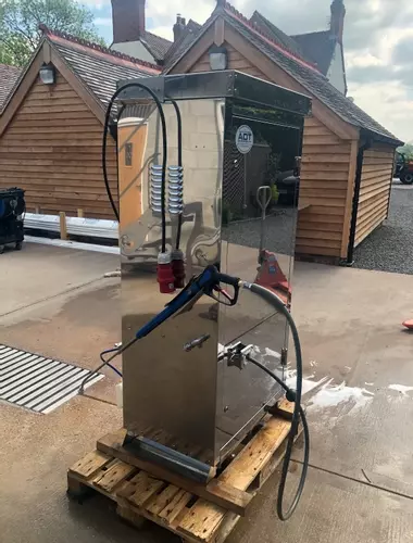 Rear view of the bespoke wheel wash system showing the triple chemical setup and hose configuration. Designed to deliver a structured 3-stage cleaning process, this system ensures effective contamination control for vehicles entering the site.